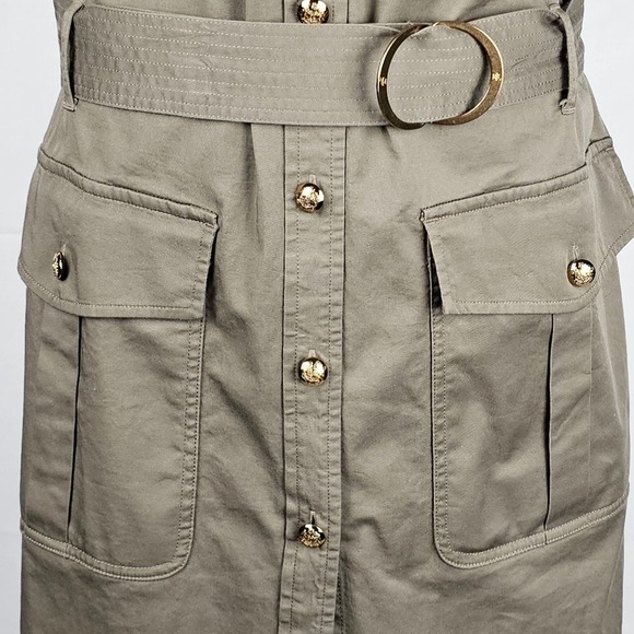 Lauren Ralph Lauren Khaki Utility Shirt Dress Belted Gold Buttons Midi Size 14 - Picture 5 of 16